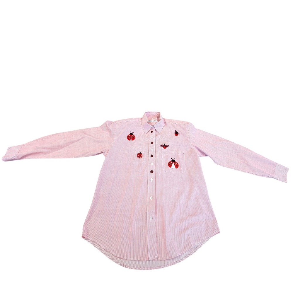 Get Lucky USA Womens Red Pinstripe Ladybug Embroidered Rhinestone Shirt Medium